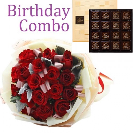 Birthday Package - Rose Bouquet + Godiva 85c Dark Chocolate Birthday Package - Rose Bouquet + Godiva 85c Dark Chocolate