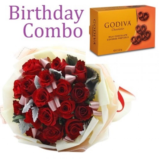 Birthday Package - Rose Bouquet + Godiva Milk Chocolate Covered Pretzels