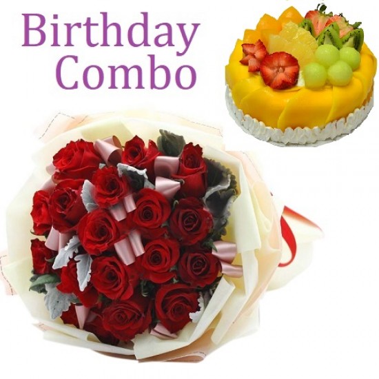 Birthday Package - Rose Bouquet + Mango Cream Cake Birthday Package - Rose Bouquet + Mango Cream Cake
