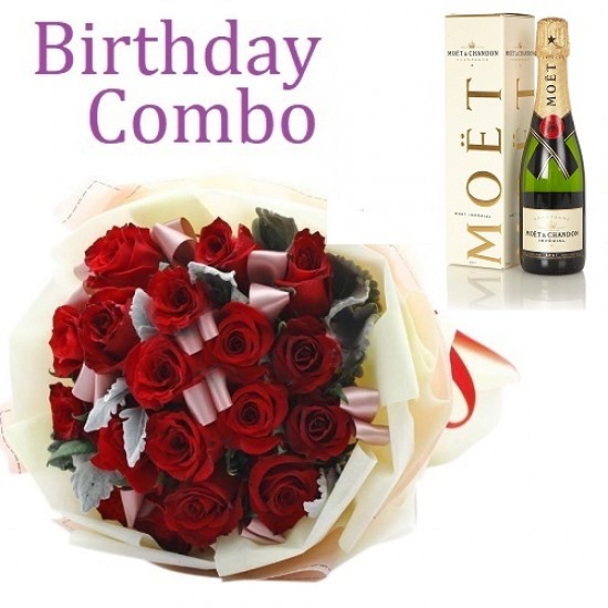 Birthday Package - Rose Bouquet + Moet Chandon Champagne Birthday Package - Rose Bouquet + Moet Chandon Champagne