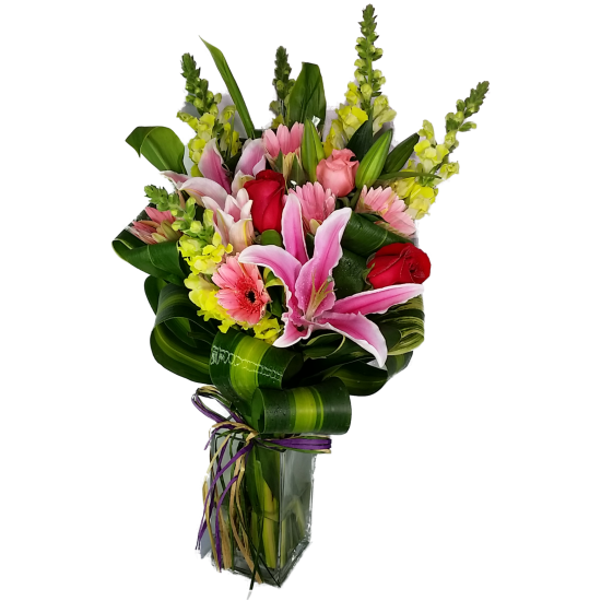 Square Vase arrangement with Lily and Roses Square Vase arrangement with Lily and Roses