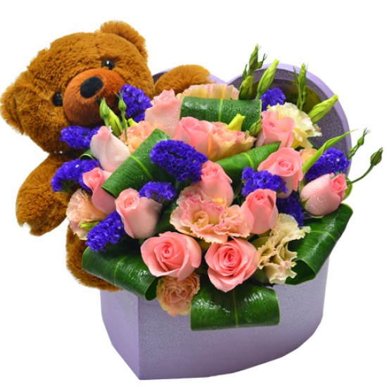 Teddy Bear in Your Heart with One Dozen Pink Roses Teddy Bear in Your Heart with One Dozen Pink Roses