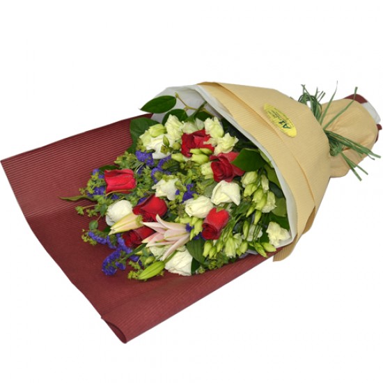 Elegance in Harmony Red Lily with 6 Red Roses & 6 White Roses Bouquet Elegance in Harmony Red Lily with 6 Red Roses & 6 White Roses Bouquet