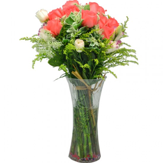 One Dozen Pink Color Roses with Fillers in Vase One Dozen Pink Color Roses with Fillers in Vase