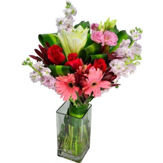 Graceful Gerberas, Roses and Lily Square Vase Arrangement Graceful Gerberas, Roses and Lily Square Vase Arrangement