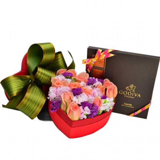 One Dozen Roses in a Heart Shape Box with Godiva DARK Chocolate One Dozen Roses in a Heart Shape Box with Godiva DARK Chocolate