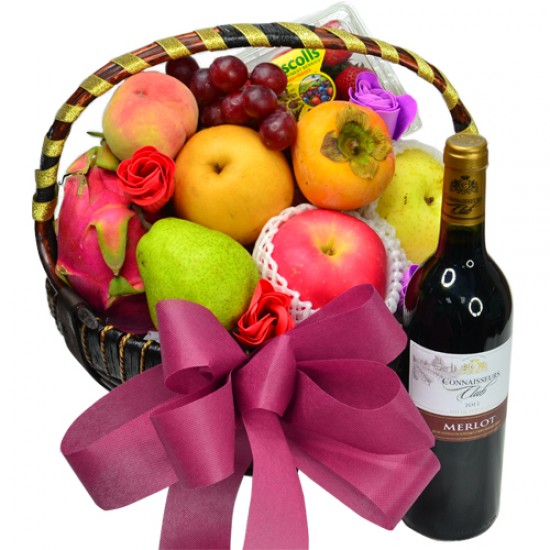 Seasonal Fruits Hamper with Red Wine