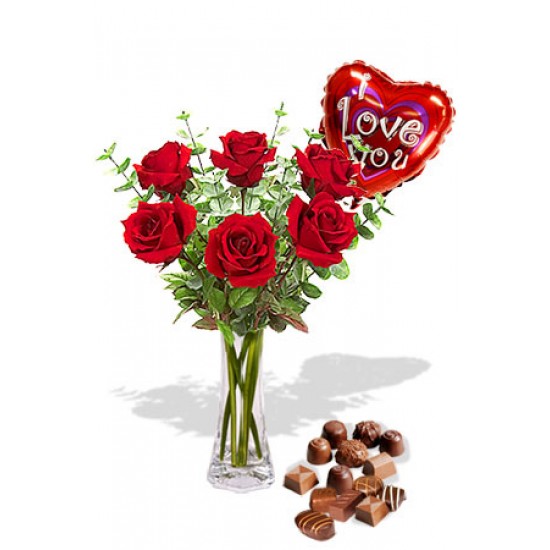 6 Roses package with Chocolate Box and I Love You Helium Balloon 6 Roses package with Chocolate Box and I Love You Helium Balloon