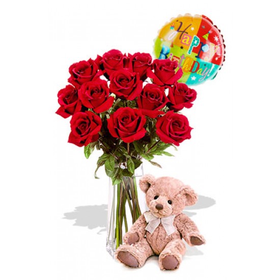 12 Rose Package with Medium Teddy Bear and balloon 12 Rose Package with Medium Teddy Bear and balloon