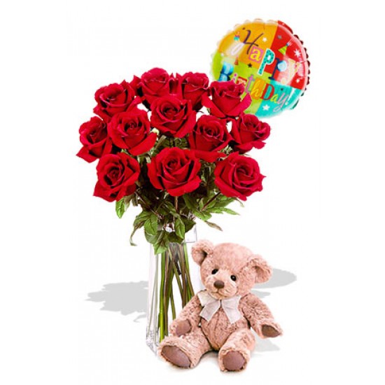 12 Rose Package with Medium Teddy Bear and balloon