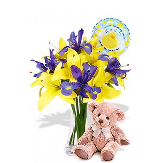 Asiatic and Iris Package with Medium Teddy Bear and Helium Balloon Asiatic and Iris Package with Medium Teddy Bear and Helium Balloon