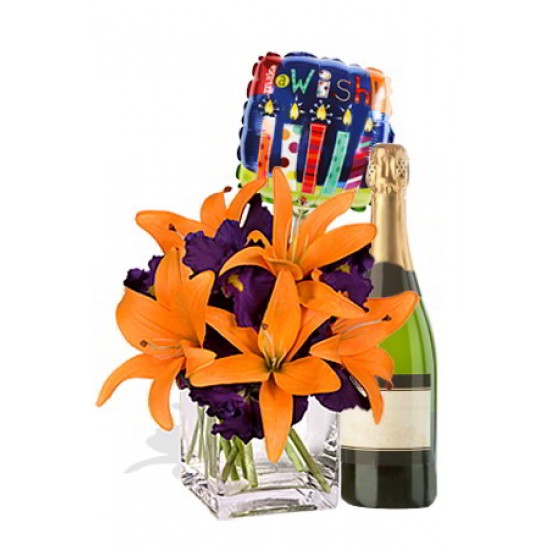 Asiatic and Iris Package, White Wine and a Helium Balloon Asiatic and Iris Package, White Wine and a Helium Balloon