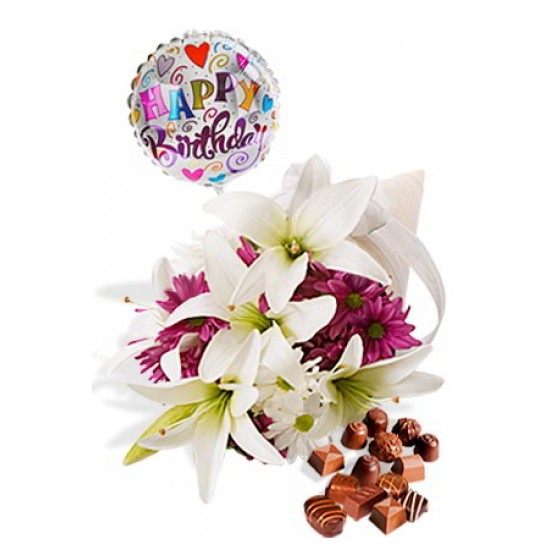 Asiatic and Chryssie Package with Chocolate Box and Helium Happy Birthday Balloon