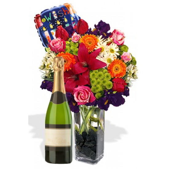 Mixed Bouquet Package , White Wine and Helium Balloon Mixed Bouquet Package , White Wine and Helium Balloon
