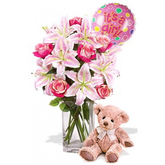 Oriental and Rose Package , Medium Teddy Bear and balloon Oriental and Rose Package , Medium Teddy Bear and balloon