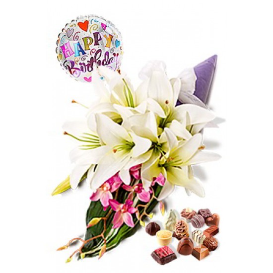 Dendrobium and Lily Package, Chocolate Box and Happy Birthday Balloon