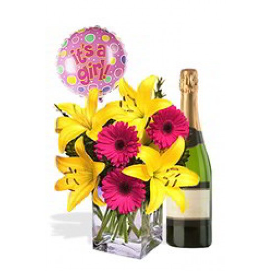 Asiatic and Gerbera Package White Wine and  Its a GIRL Helium Balloon