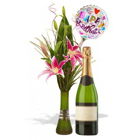 Oriental Lily Package with White wine and balloon Oriental Lily Package with White wine and balloon