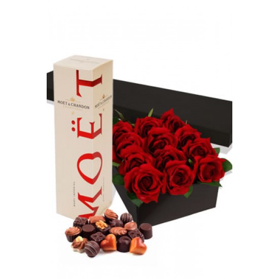 Romance Package , One Dozen Rose in Gift Box, Gift Box Chocolate and 75cl Moet Chondon Champagne Romance Package , One Dozen Rose in Gift Box, Gift Box Chocolate and 75cl Moet Chondon Champagne