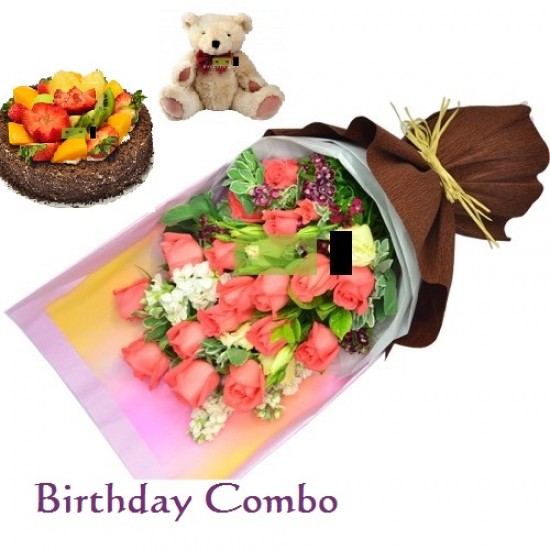 Birthday Combo with Flowers, Birthday Cake and Teddy Birthday Combo with Flowers, Birthday Cake and Teddy