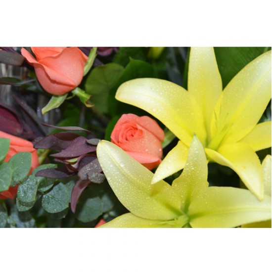Elegant Flower and Seasonal Fruits Hamper with Pink Roses and Lilies Elegant Flower and Seasonal Fruits Hamper with Pink Roses and Lilies
