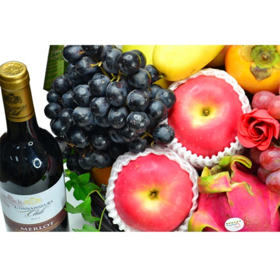 Seasonal Fruits Hamper with Maxim Double York White Lotus Mooncake and Red Wine Seasonal Fruits Hamper with Maxim Double York White Lotus Mooncake and Red Wine