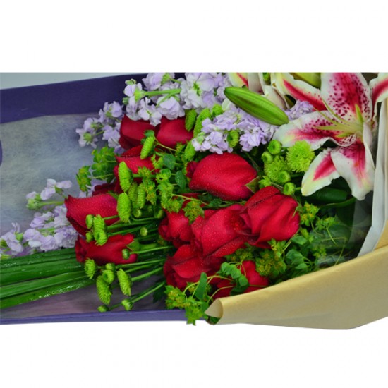 One Dozen Red Roses with a Touch of Pink Lily One Dozen Red Roses with a Touch of Pink Lily