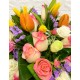 Pink Rose with Mix Color of Tulips in a Round Shape Gift Box Pink Rose with Mix Color of Tulips in a Round Shape Gift Box